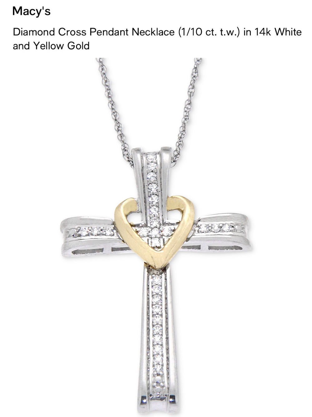 Macy's Two-Tone Cross Necklace with Gold Heart Accent